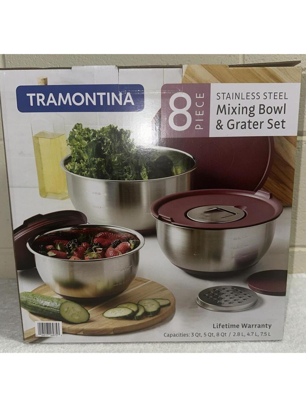 Tramontina Stainless Steel Mixing Bowl 8 Pieces and Grater Set with Lids Maroon